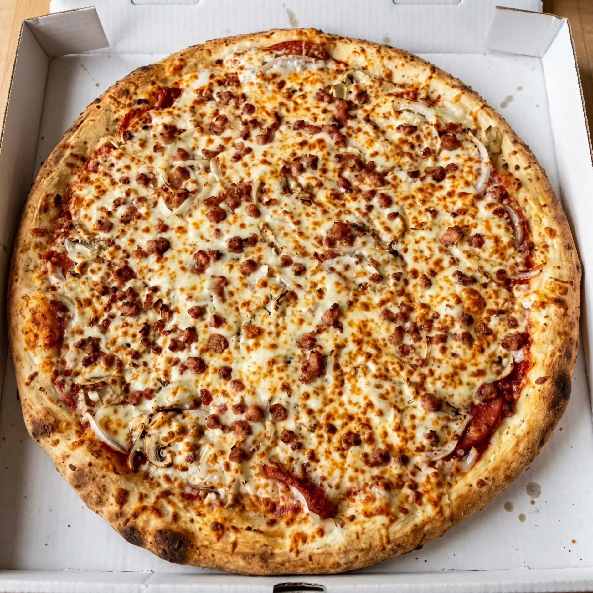 Loaded Pangaea signature pizza with pepperoni, ham, mushrooms at Pangaea Pizza Calgary